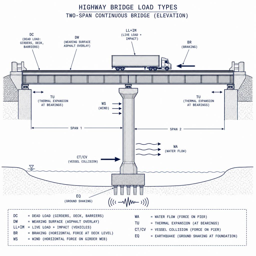 Diagram of a highway bridge annotated with DC, DW, LL+IM, BR, WS, WA, TU, EQ, CT/CV loads