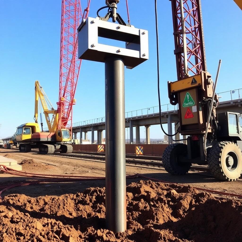 Steel H-pile being driven by pile hammer