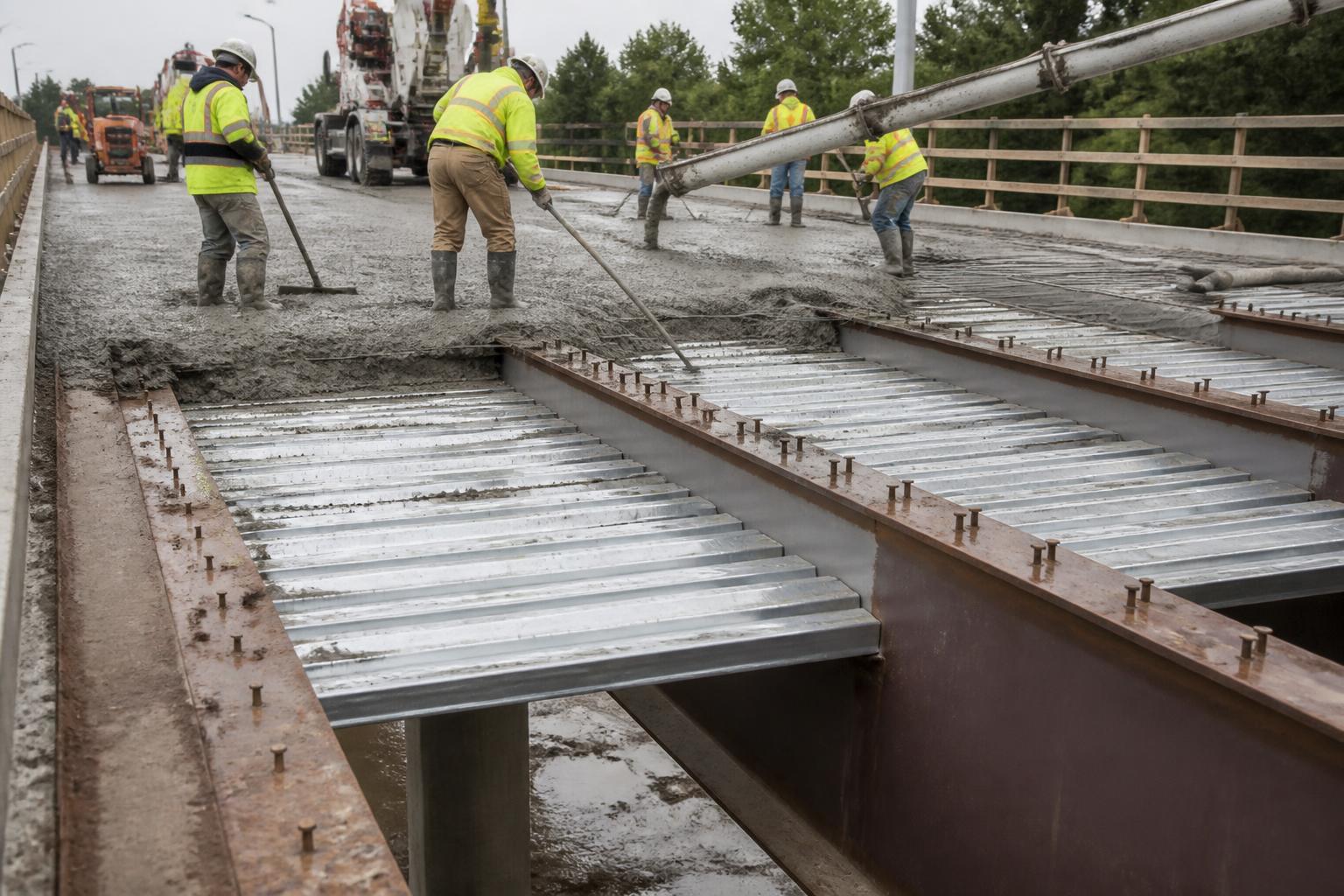 Bridge deck being poured on stay-in-place metal deck forms between steel girders
