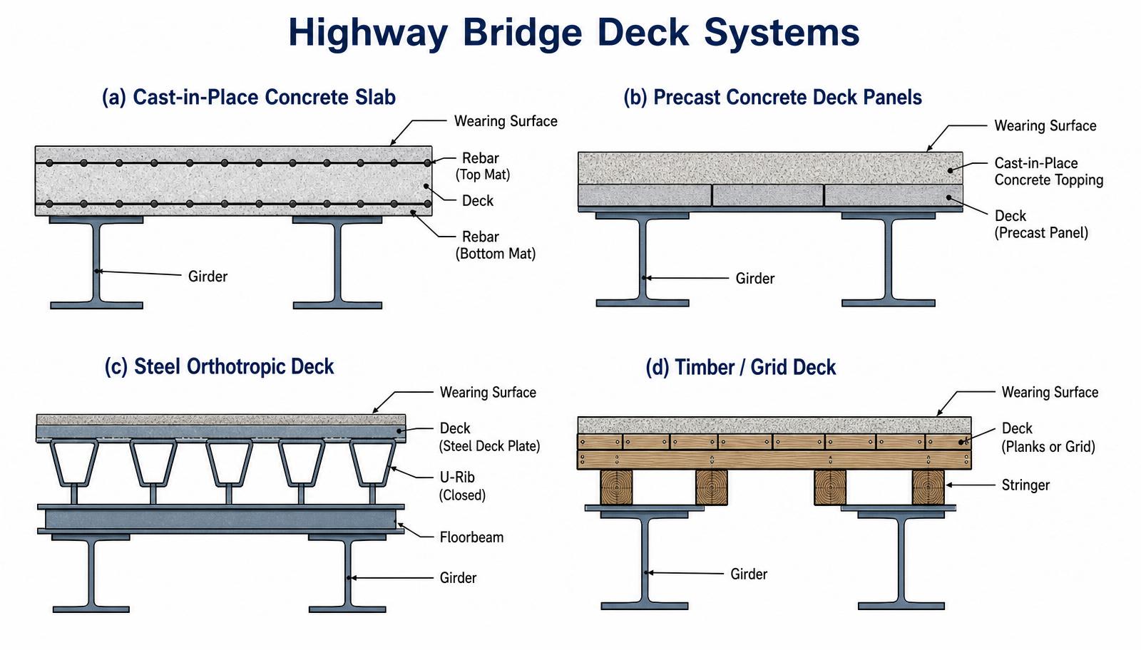 Comparison of four bridge deck systems: cast-in-place concrete, precast panels, steel orthotropic, and timber/grid