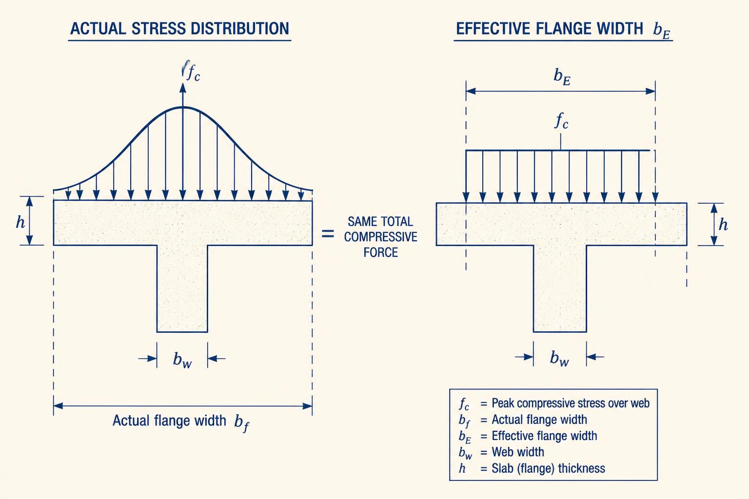 Left: curved compressive stress distribution over an actual wide flange. Right: equivalent uniform stress over the effective flange width b_E.
