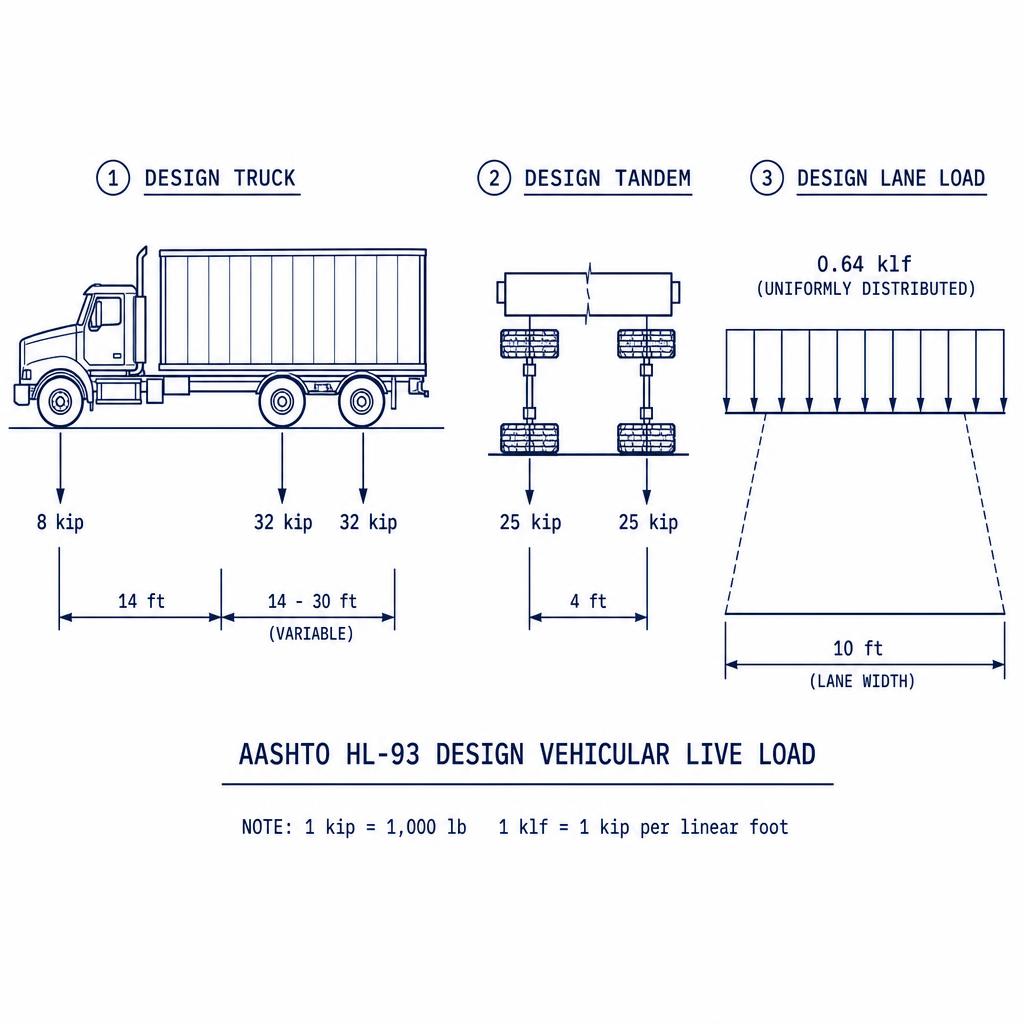 AASHTO HL-93 design vehicular live load: design truck (8+32+32 kip), design tandem (2x25 kip at 4 ft), and design lane load (0.64 klf over 10 ft)