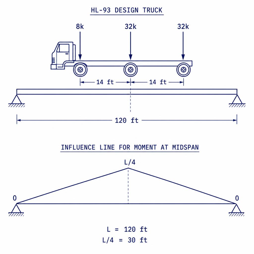 Influence line for moment at midspan of a simply supported beam with HL-93 truck positioned