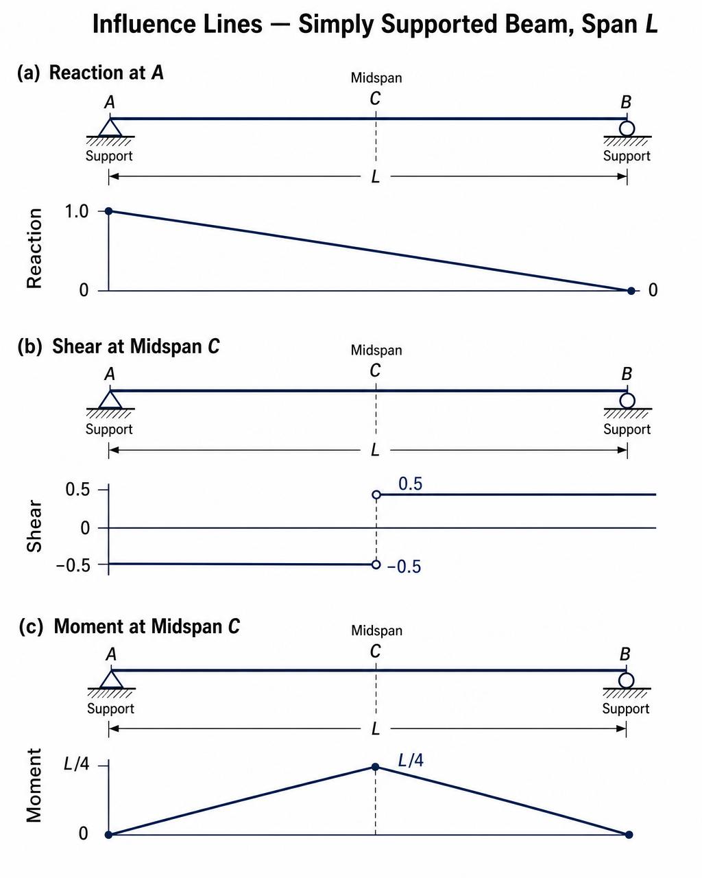 Influence lines for reaction, midspan shear, and midspan moment of a simply supported beam