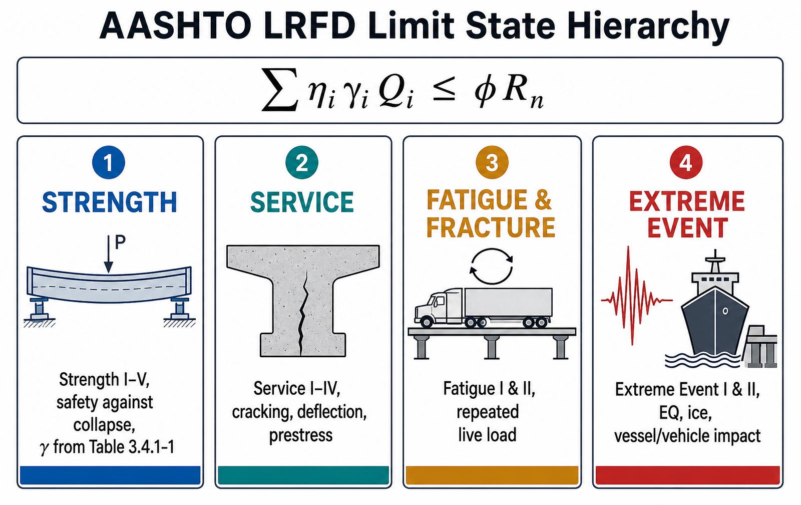 Four limit states: Strength, Service, Fatigue, Extreme Event