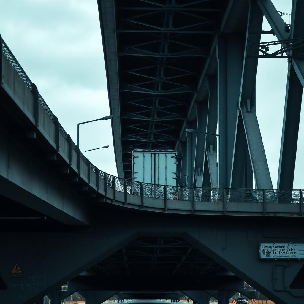Heavy semi-truck crossing a steel plate-girder bridge, viewed from below