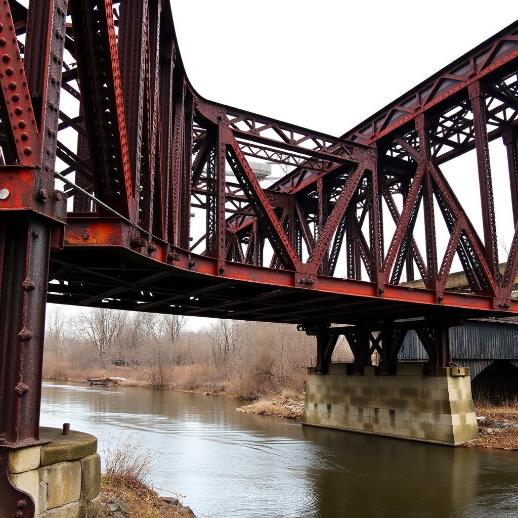 Historic wrought-iron Pratt through-truss bridge with riveted built-up members over a river