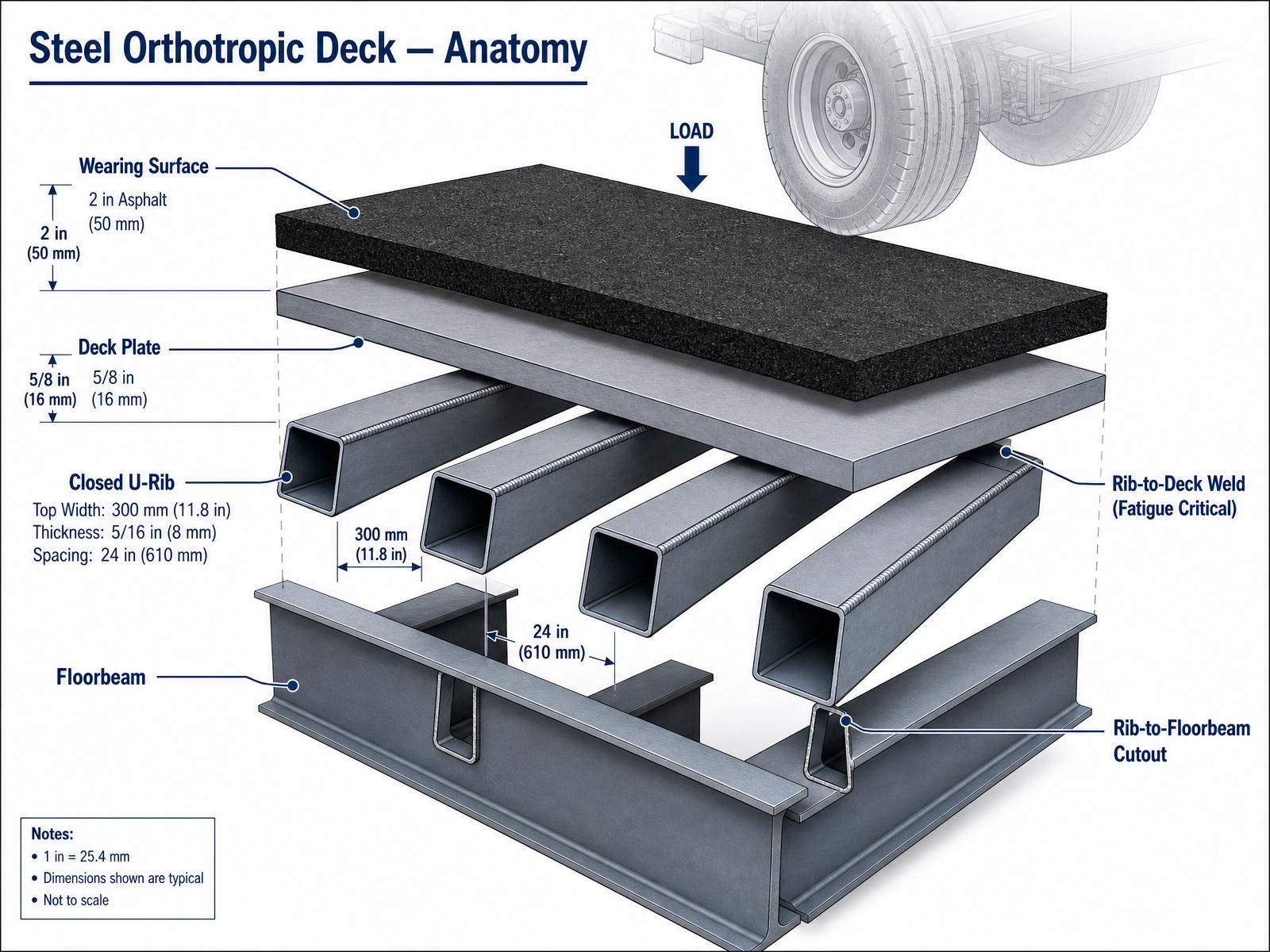 Exploded axonometric of a steel orthotropic deck showing deck plate, closed U-ribs, floorbeams, wearing surface, and rib-to-deck weld