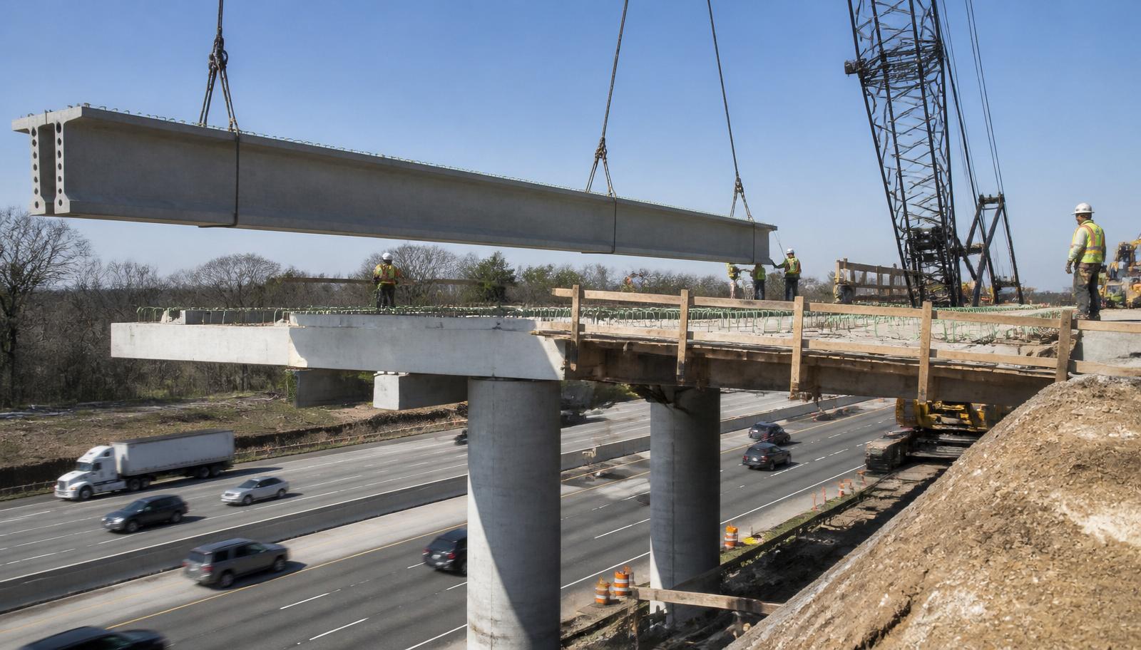Precast prestressed concrete I-girder being lifted onto piers by crane over an active highway