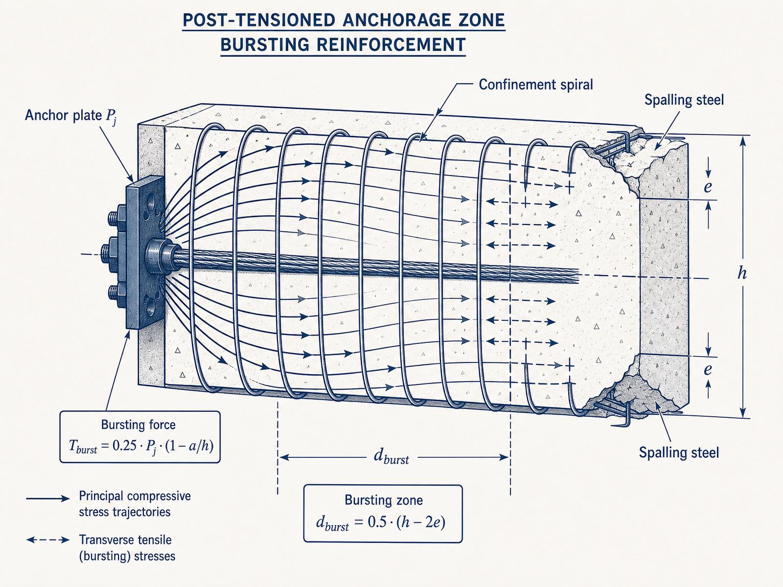 Post-tensioned anchorage zone with bursting force, bursting depth, and confinement spiral