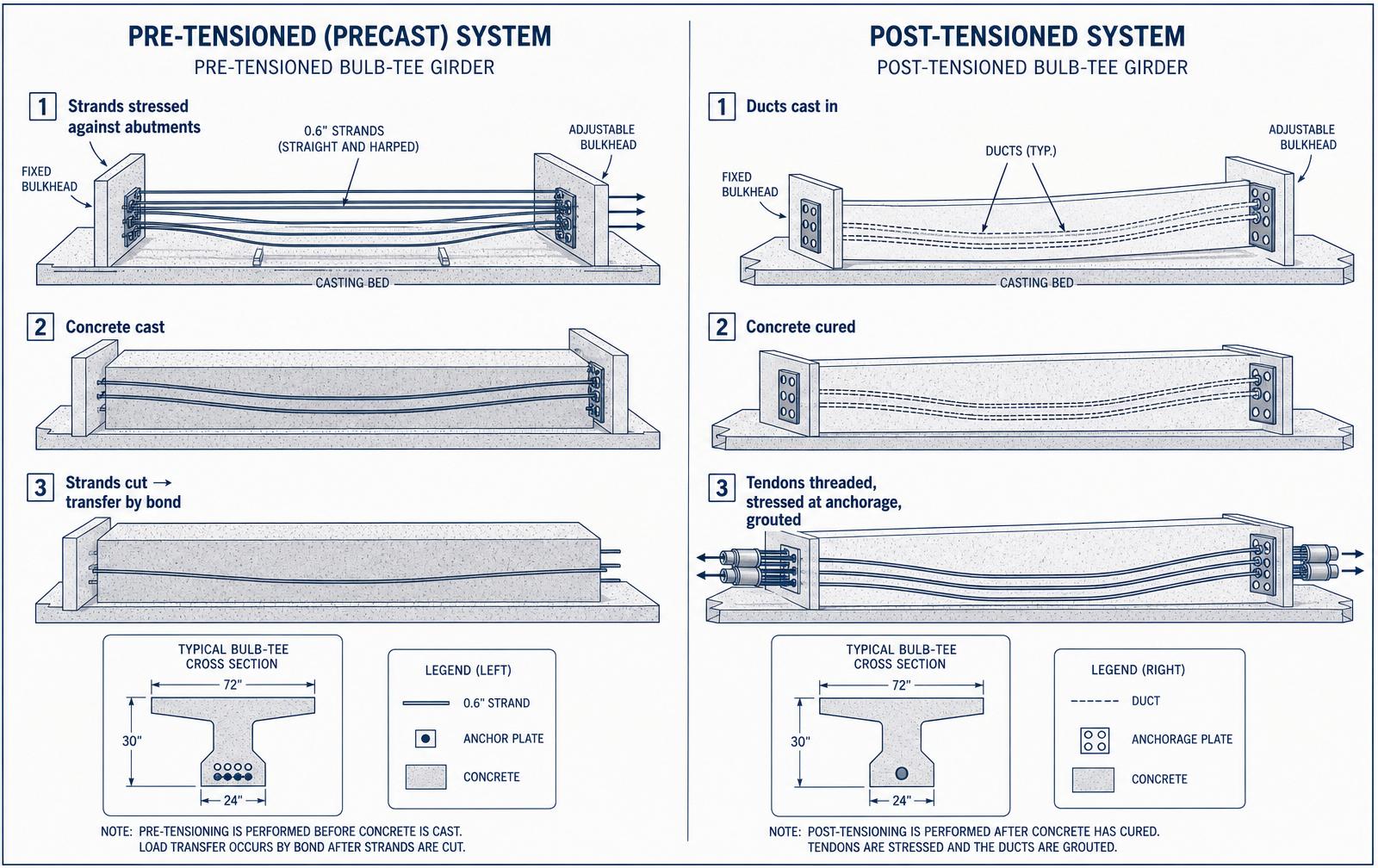 Comparison of pretensioned casting-bed process and post-tensioned duct-and-anchorage process