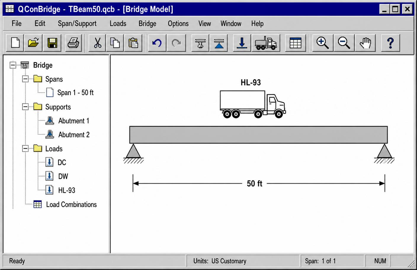 QConBridge software main window showing a simply supported 50 ft beam model with HL-93 truck