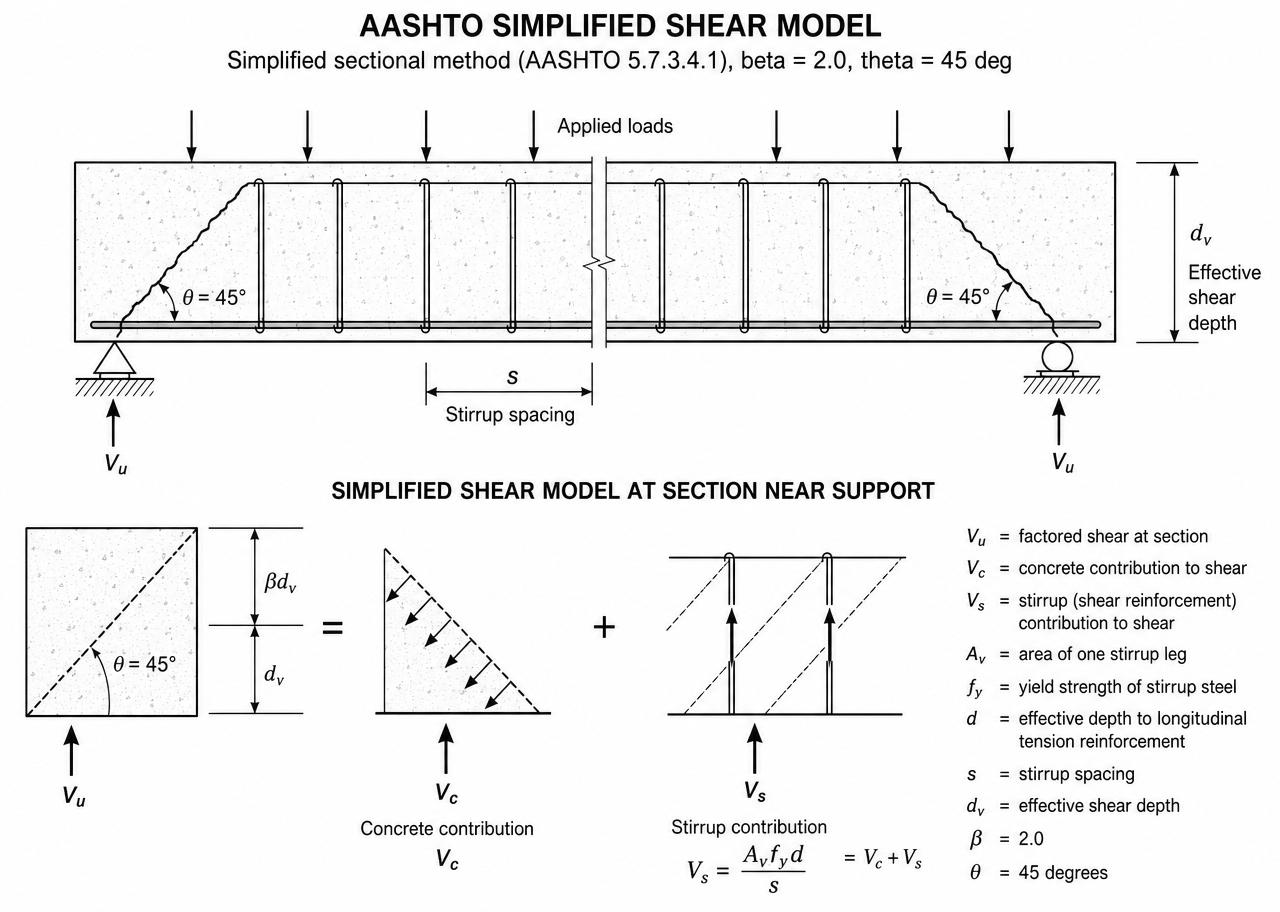 AASHTO simplified shear model with concrete contribution V_c and stirrup contribution V_s