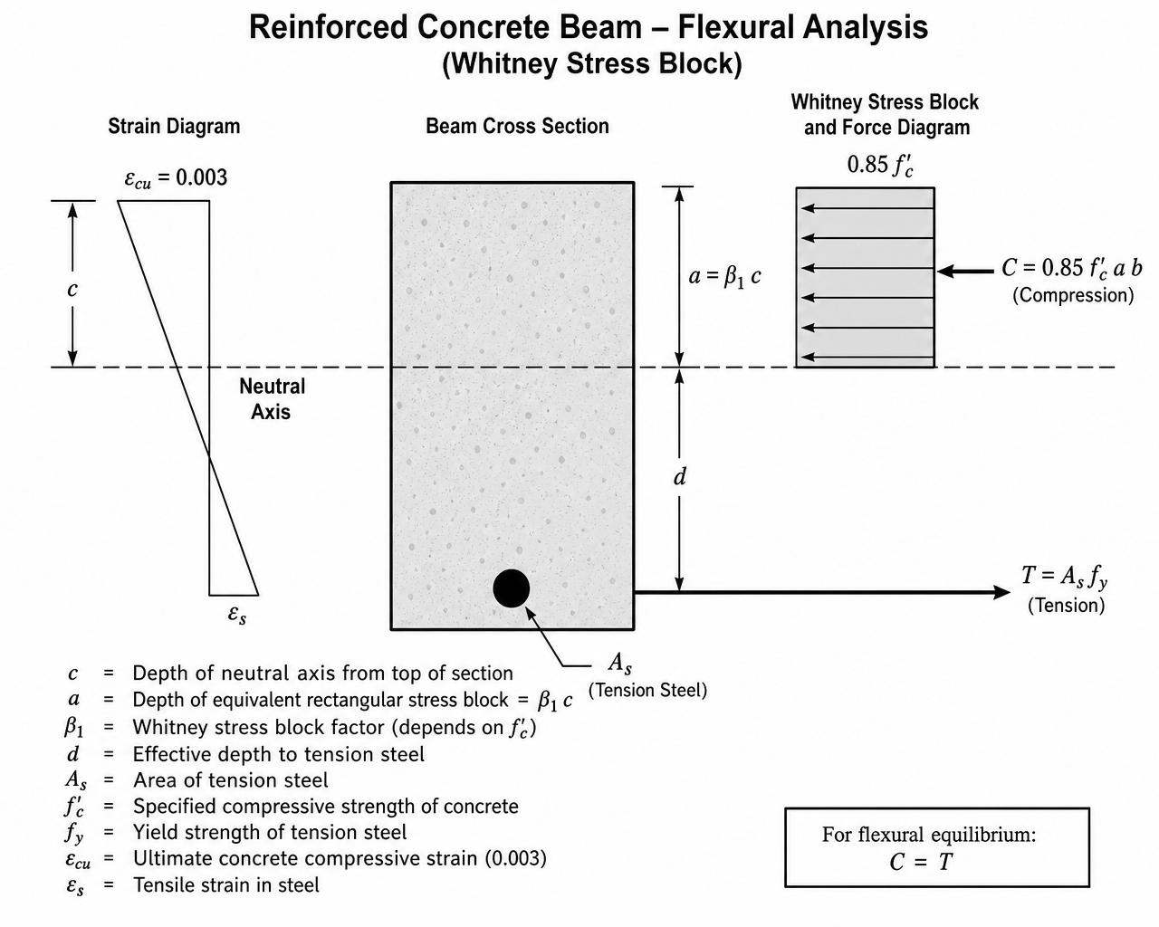 Whitney rectangular stress block on a singly-reinforced concrete beam with strain diagram and force couple