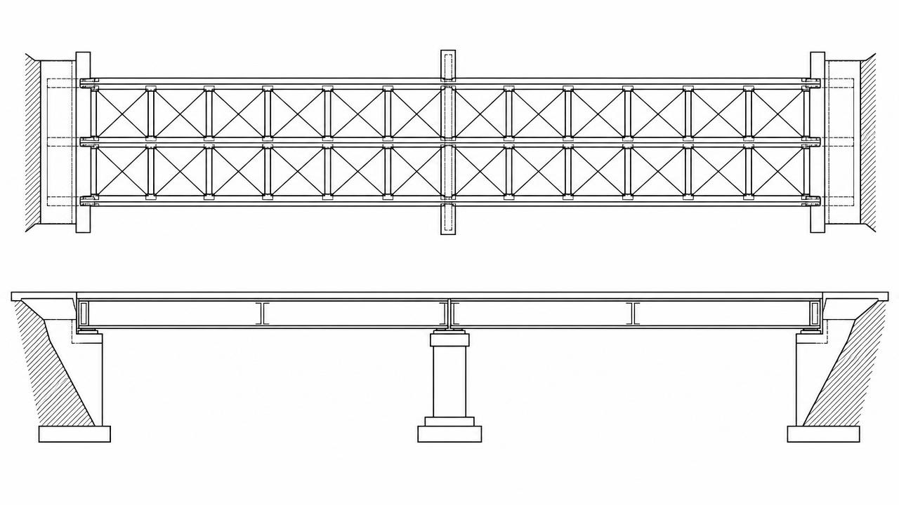 Plan and elevation of a two-span continuous composite steel plate girder bridge