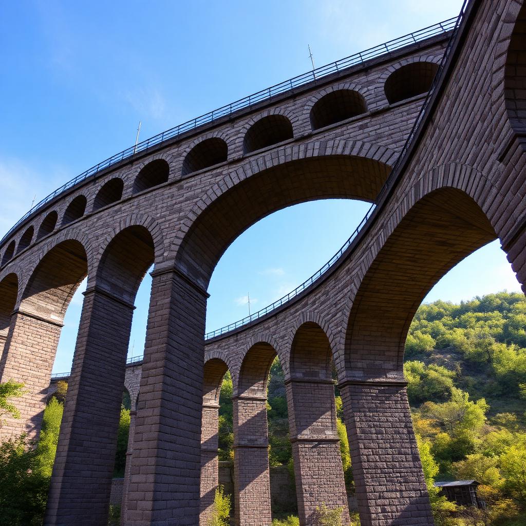 Multi-arch dressed-masonry railroad viaduct with tall stone piers spanning a wooded valley