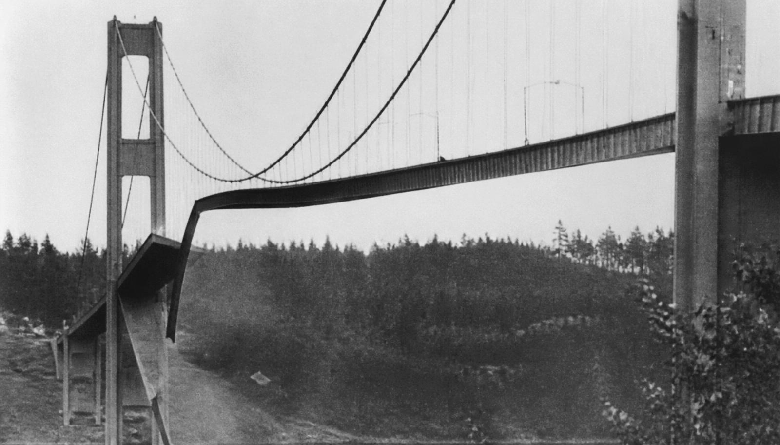 Historical photograph of the 1940 Tacoma Narrows suspension bridge deck twisting in wind before collapse