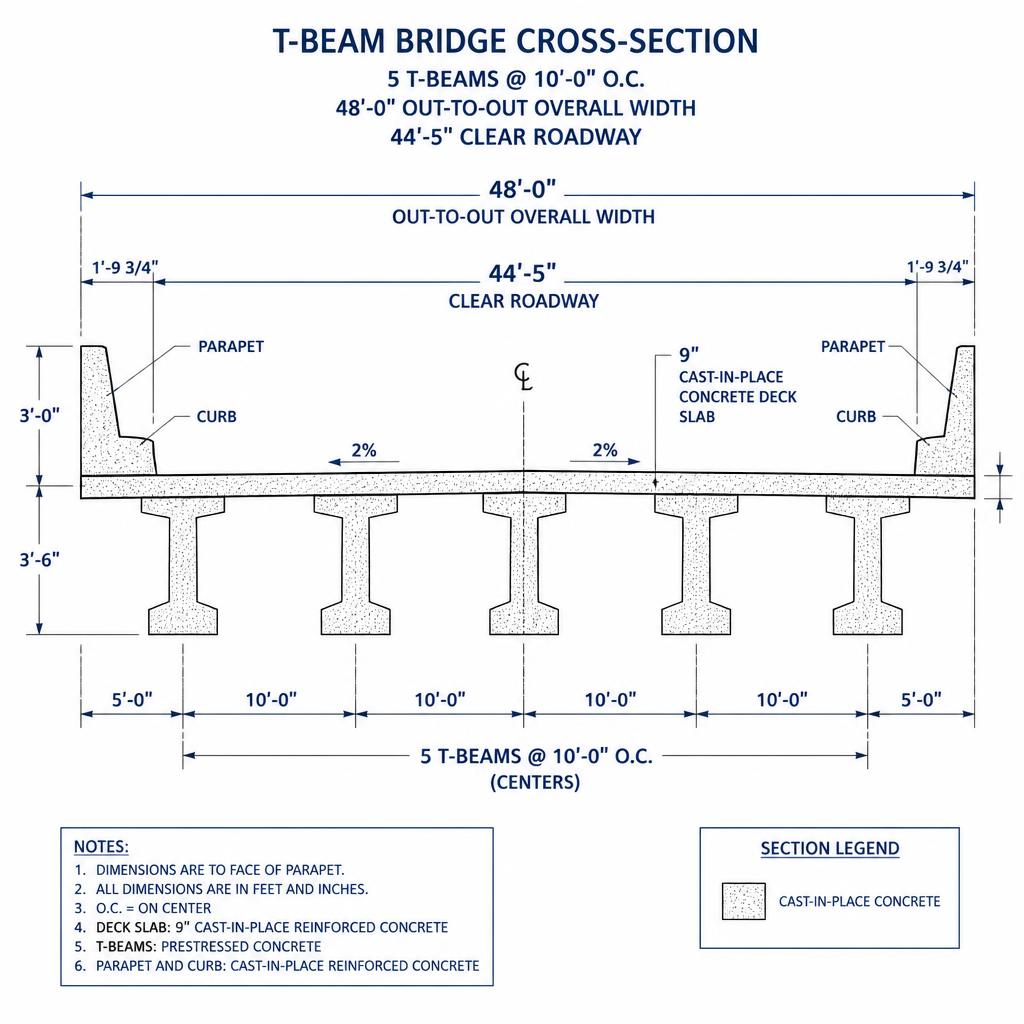 Cross-section of 5-girder T-beam bridge with 48 ft width and 10 ft spacing