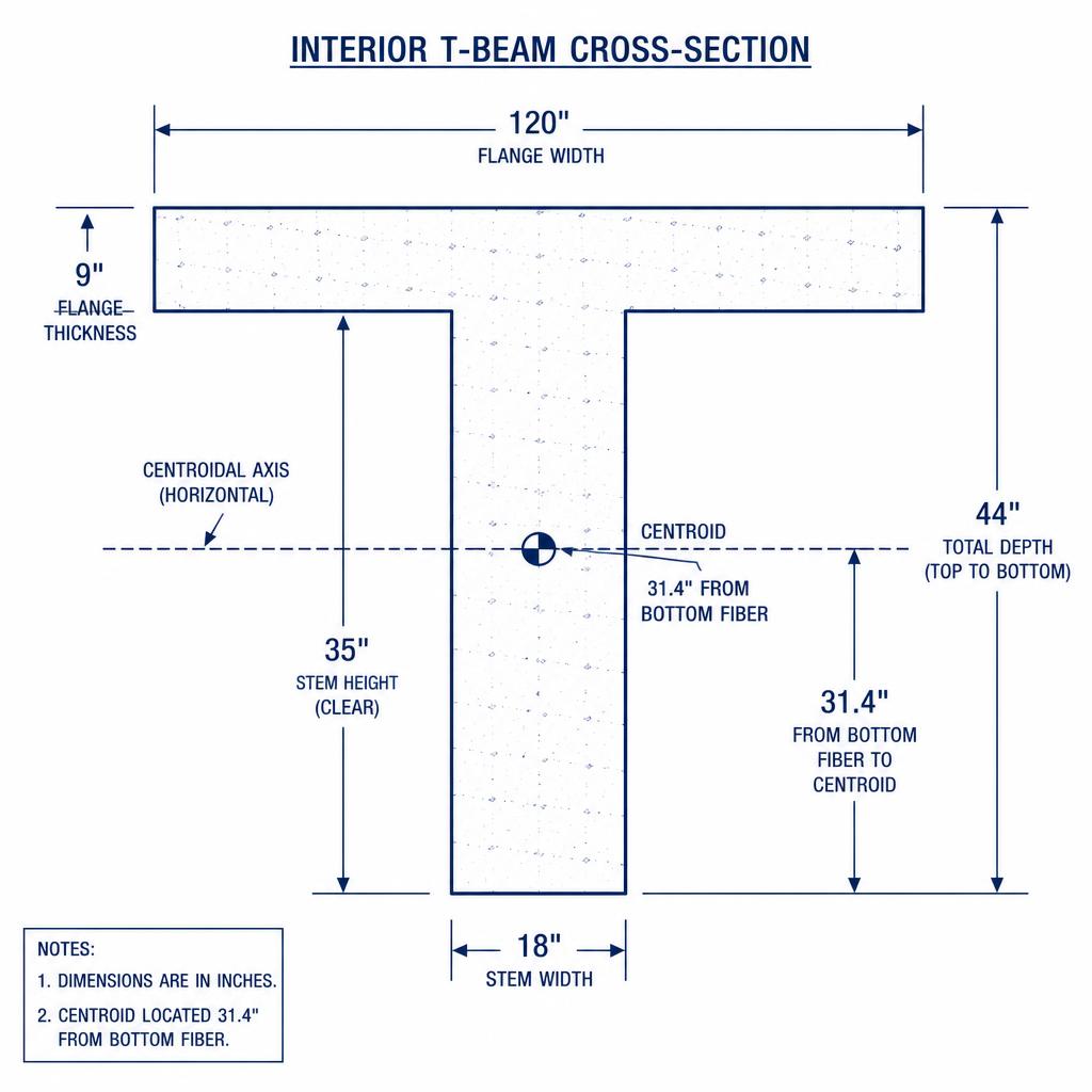 Interior T-beam cross-section, 120 in flange x 9 in, 18 in x 35 in stem, centroid 31.4 in from bottom