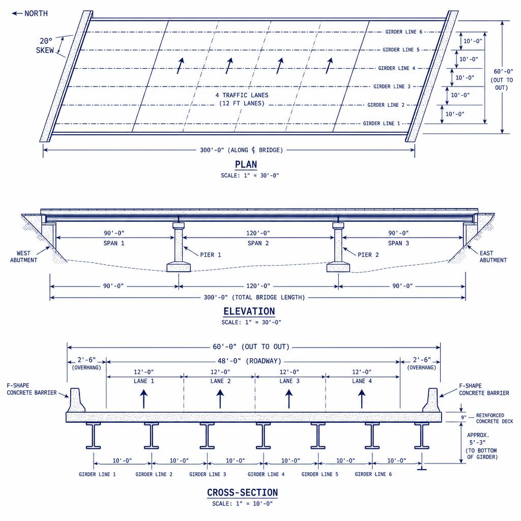 Plan, elevation, and cross-section of the three-span continuous steel plate-girder bridge