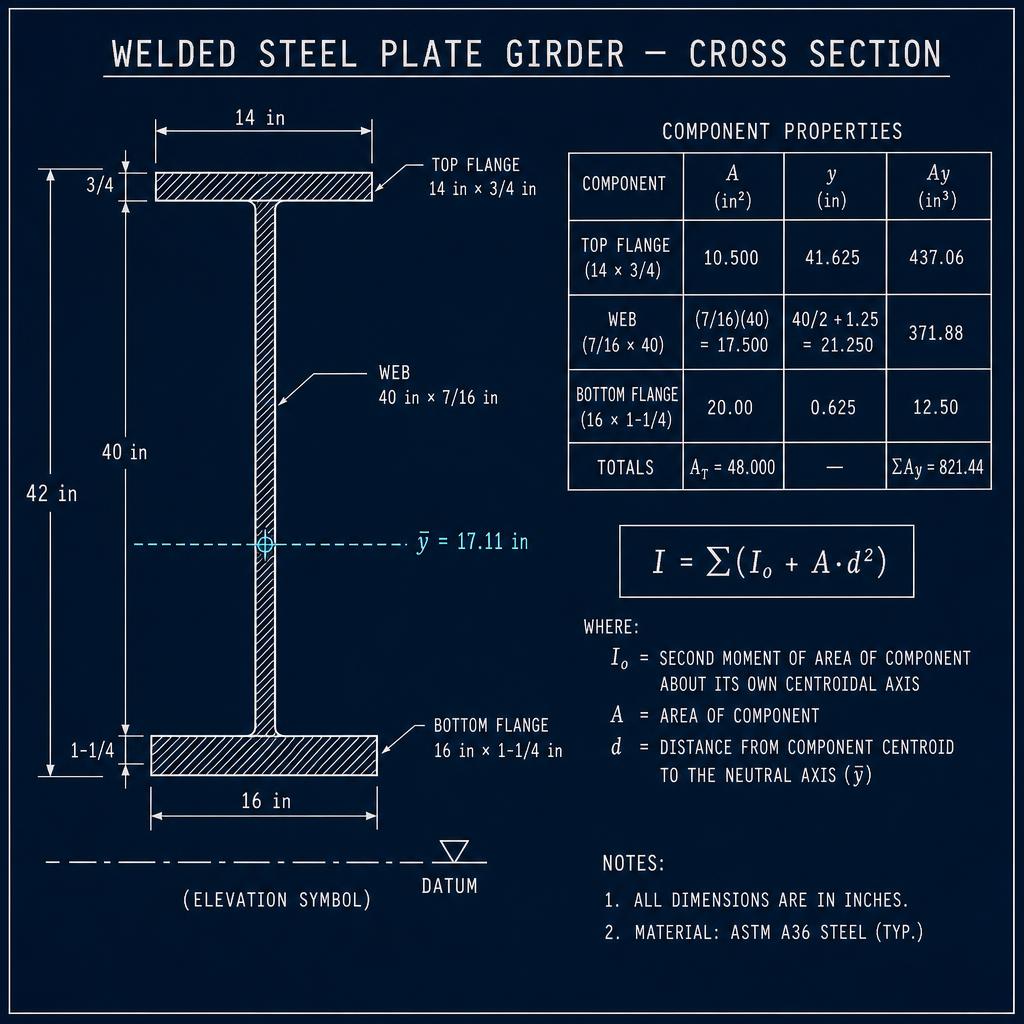 Welded steel plate girder with dimensions and tabulated area-moment properties